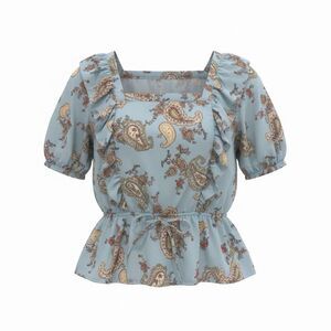 Eclair Sky Blue Paisley Print Ruffle Women's Boho Top Lightweight Size XL